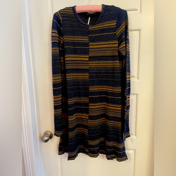 Free People Knit Brown/Tan/ Blue Midi Dress Long Sleeve Size: Medium Preloved - Picture 1 of 8